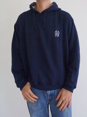 Vintage R&R Sport Navy Blue Embroidered Chest Logo Athletic Drawstring Hoodie M